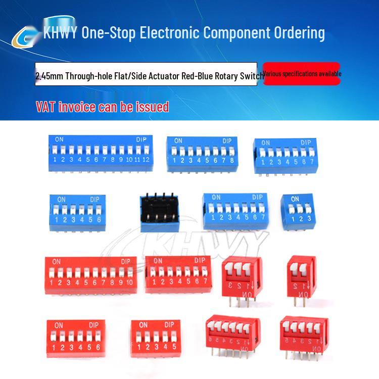 2.54mm Through-Hole Side-Actuated Encoder Keypad DIP Switch: 1 to 12 Positions in Red/Blue