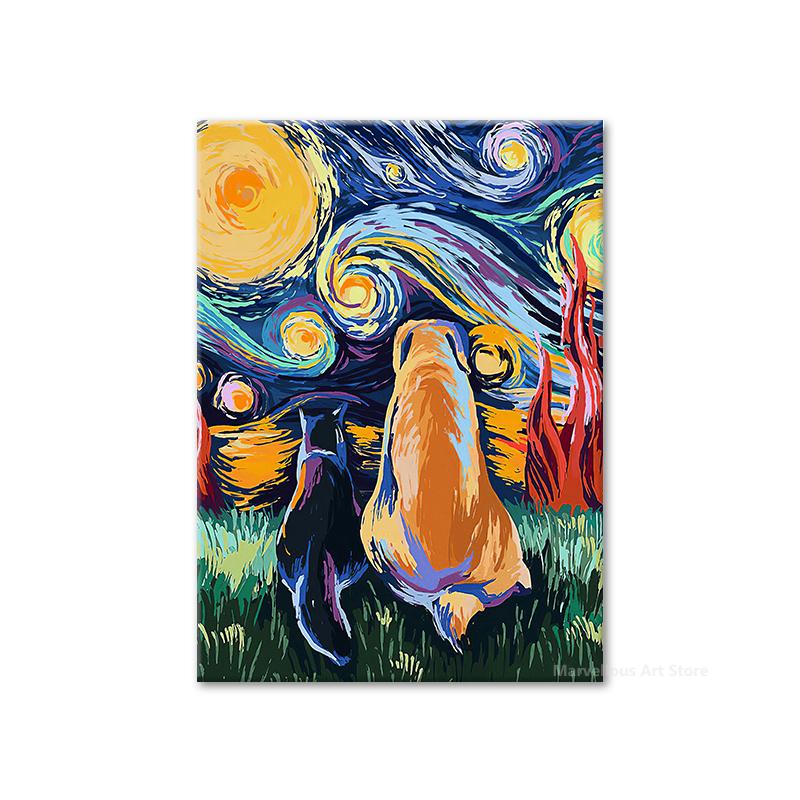 Sternennacht Katze Abstrakte Tier Poster und Drucke Vintage Leinwand Malerei Wand Kunst Bild für Wohnzimmer Korridor Wohnkultur