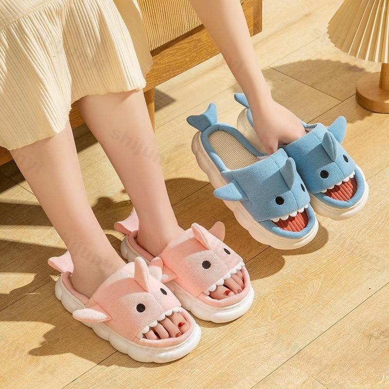 Fashion Women's Linen Slippers Shark Autumn Winter 2025 Cartoon Slippers Closed Toe Non Slip Women Indoor Bedroom Comfort House Slippers