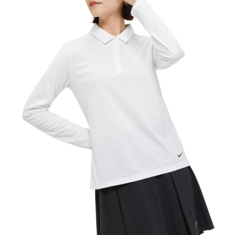 Nike Dri-FIT Victory Solid Logo Print Long Sleeve Polo Shirt Women Tops White DH2317-100