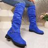 Women'S Solid Color Trendy Boots, Buckle Belt Pull on Heel High Knee Boots, Winter Round Toe Slouchy Boots