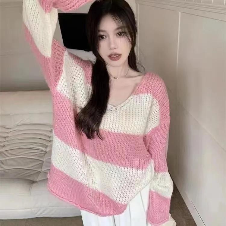 Men's Tops, Loose Knitwear, Western Style, Lazy Style, Spring and Autumn Thin Striped Sweaters, Women's Summer