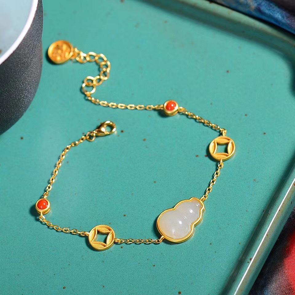 Retro Ruyi Gourd Bracelet with Imitation Hetian Jade and Zirconia Coin - Court Style Jewelry for Women