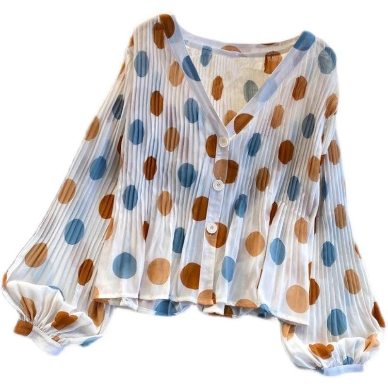 Comfortable Women's Casual Blouse Lightweight Semi-sheer Blouse Semi-sheer Pleated Polka Dot Top with Cropped Hem, Flowy Blouse for All-day Wear