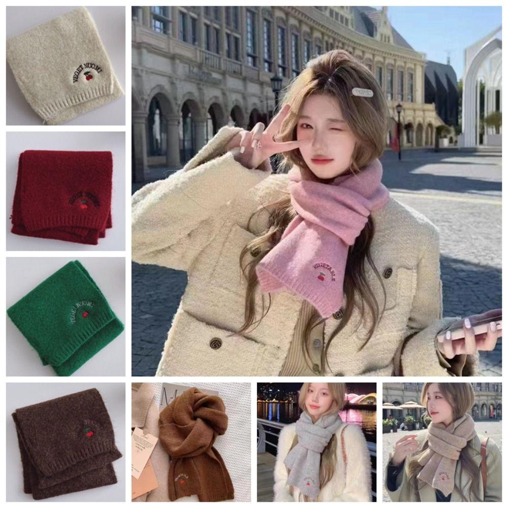 Solid Color Cartoon Thick Shawl Polyester Long Scarf Cute Cherry Knitted Scarf  Girls