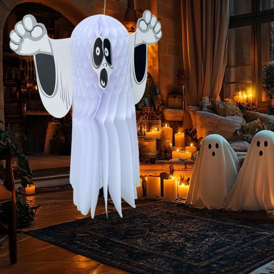 Halloween Ghost Decoration Hanging Honeycomb Tissue Paper Ghost Creepy Flying Ghost Ornament for Yard Patio Porch Tree Halloween Party Favors