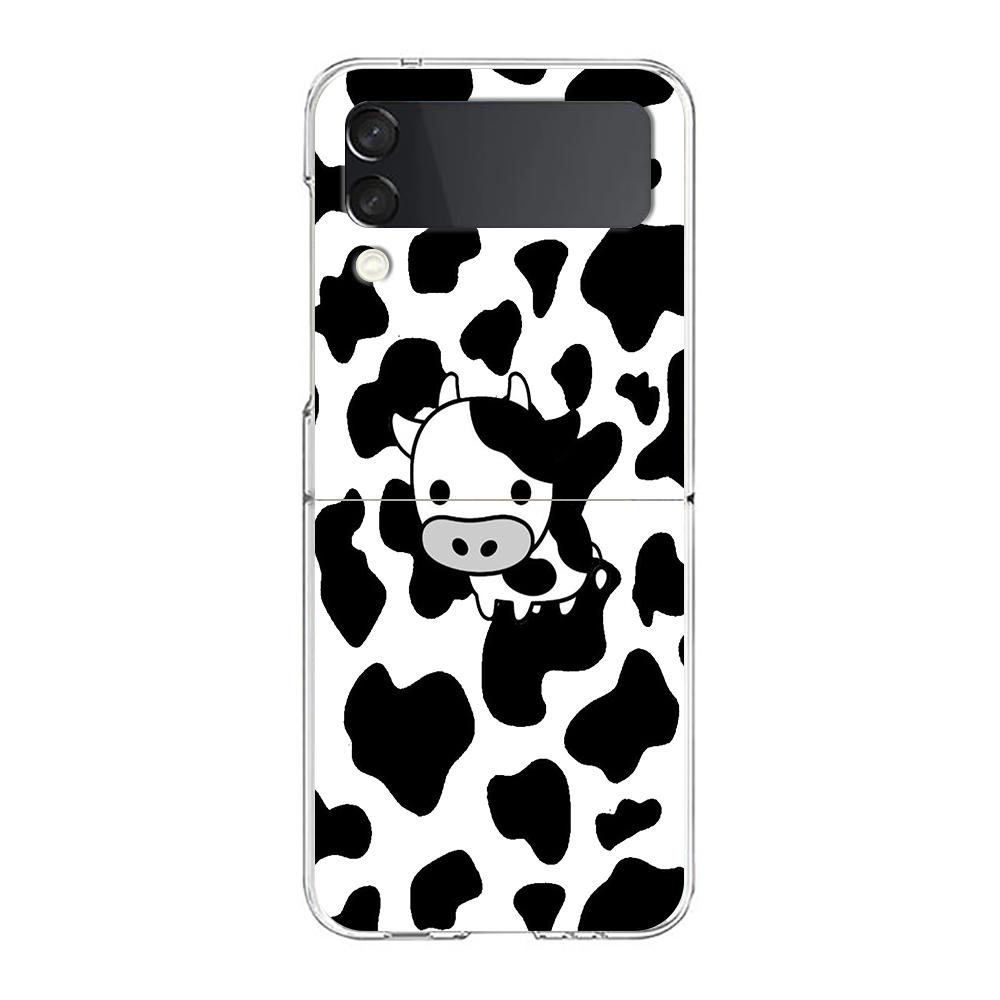 Transparent Phone Case For Samsung Galaxy Z Flip 3 4 5 6 7 Hard Folding PC Z Flip3 Flip4 Cover Dairy Cattle Cow Speckle Cute