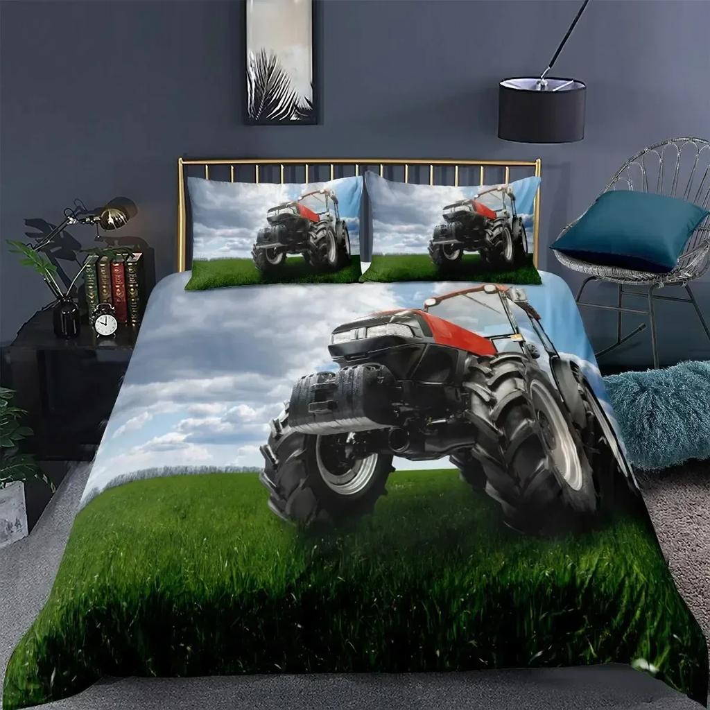 Retro Tractor King Queen Duvet Cover Car Bedding Set Engineering Vehicle Quilt Cover Farm Tool Cart Polyester Quilt Cover