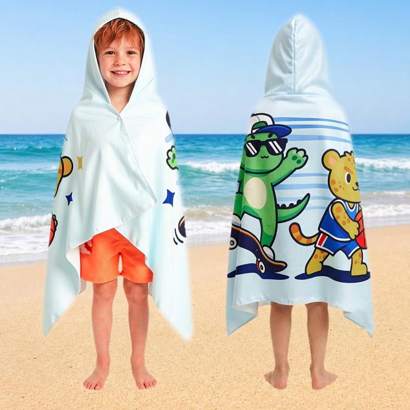 Kids Dinosaur Print Hooded Beach Towel Quick Dry Microfiber Bath Cape Pool Shower Sandproof