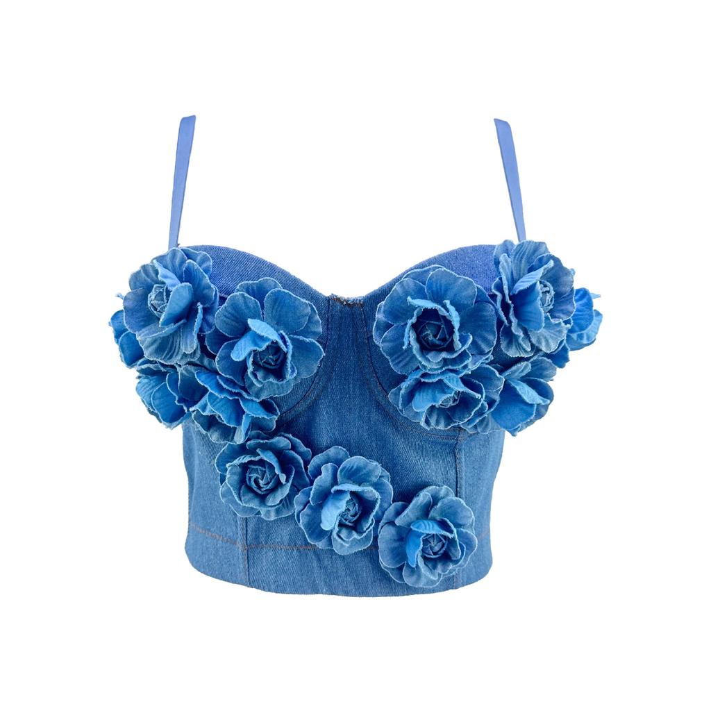 Denim Fishbone Strapless Short Tank Top with Built-in Padding and Floral Design Outerwear Base Layer Halter Neckline French Bead-embellished Top Camis