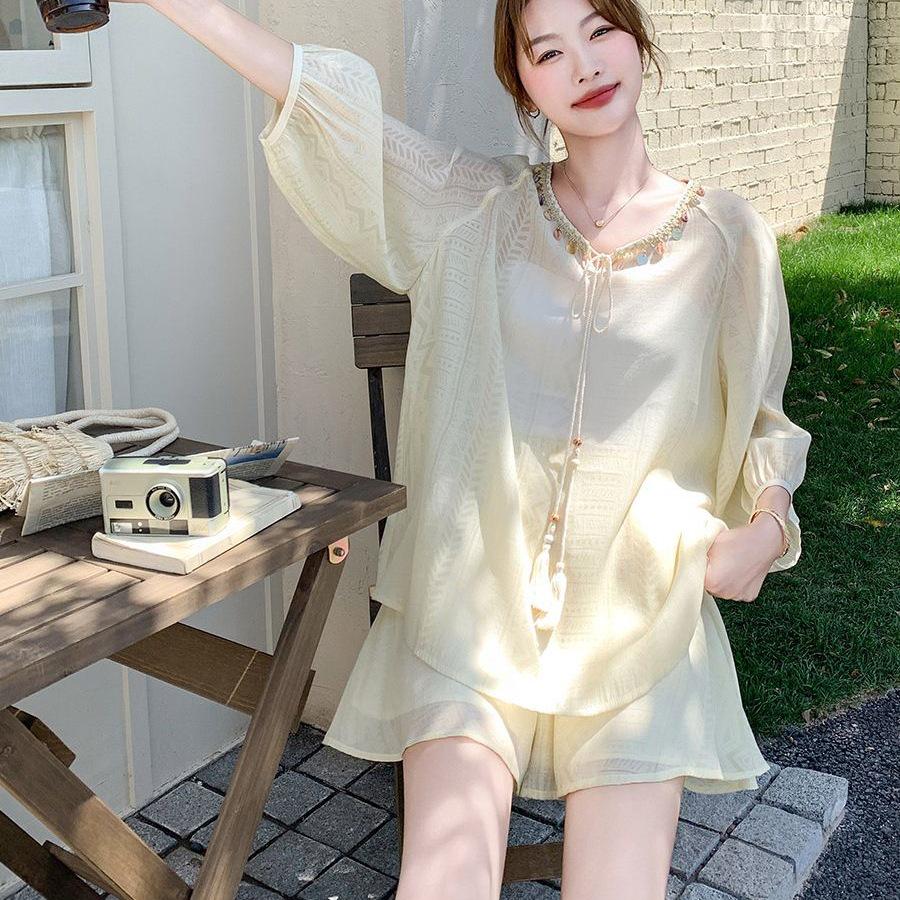 Korean Style Women's Summer Sun Protection Shirt & Shorts Set - Lightweight, Petite, Long Sleeve, Two-Piece, 2026 New Arrival