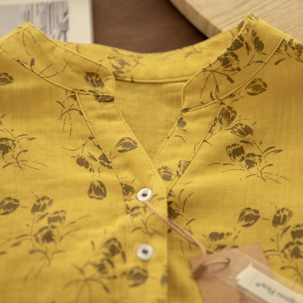 Chemise en Coton et Lin à Manches Longues et Décolleté en V Florale Gorge d'Hiver – Style Printanier Élégant pour Femme
