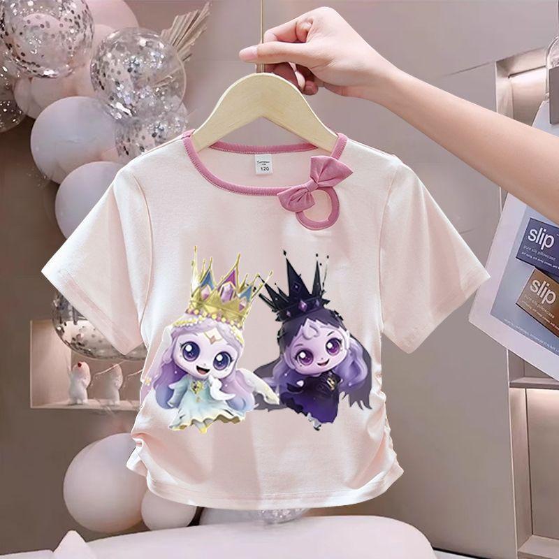 Girls' Cute Bowtie Top for Summer Children's Fashionable Round-neck Short-sleeved Pure Cotton T-shirt