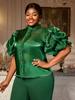 Plus Size Dark Green Satin Ruffle Stand Collar Puff Sleeve See-Through Top