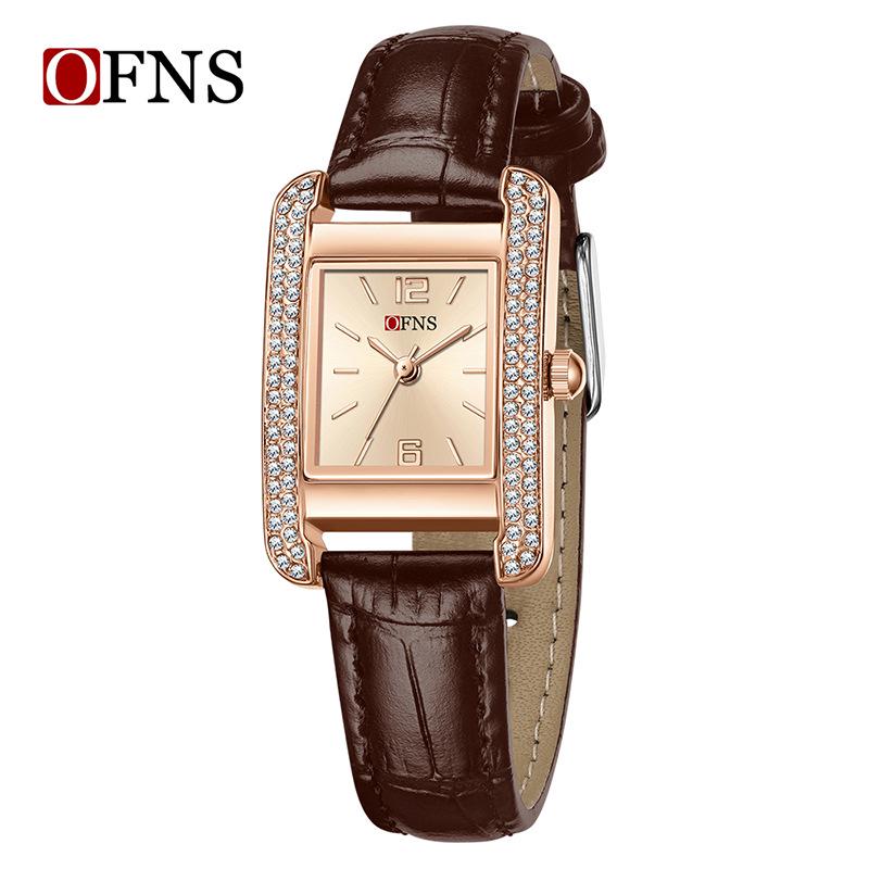 OFNS Elegant Women's Square Dial Watch: Simple Niche Bar Markers, Waterproof, Luxury Diamond Inlaid Quartz.