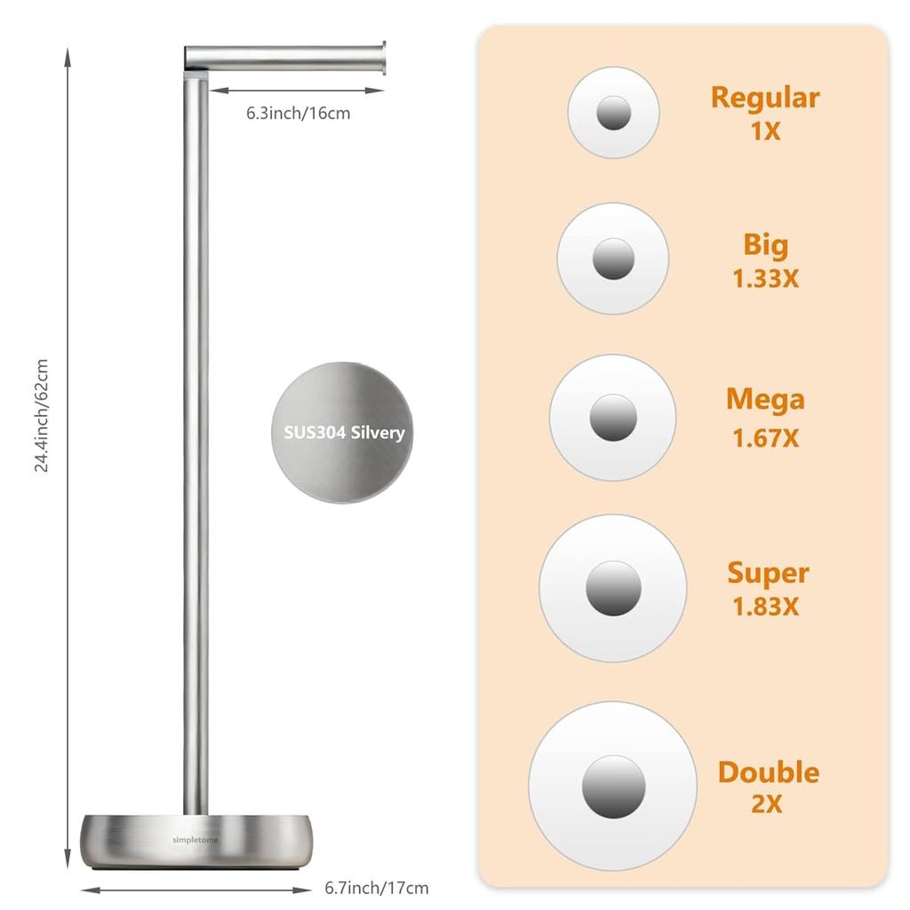Simpletome Toilet Paper Holder, Freestanding, with Storage, Stable Weighted Base, Bathroom Freestanding Roll Holder (304 Stainless Steel, Brushed Fini