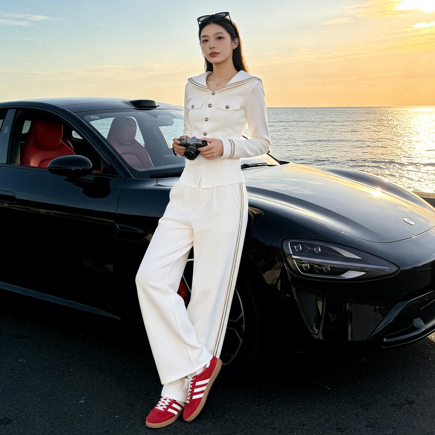 Navy Collar Slim-Fit Top & Wide-Leg Pants Two-Piece Set for Women - Spring Fashion M