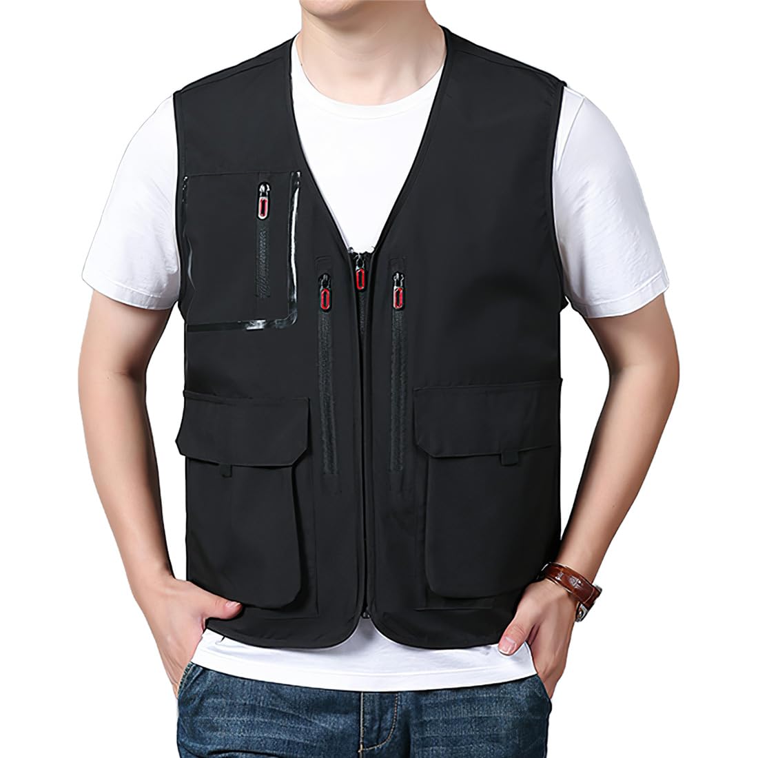 Outdoor Day Autumn MJ09 [SLINX] Men s Vest, Vest, Mesh, Quick-Drying, Workwear, Lightweight, Water-Repellent, Multifunctional, 8-Pocket Sleeveless, чёрный