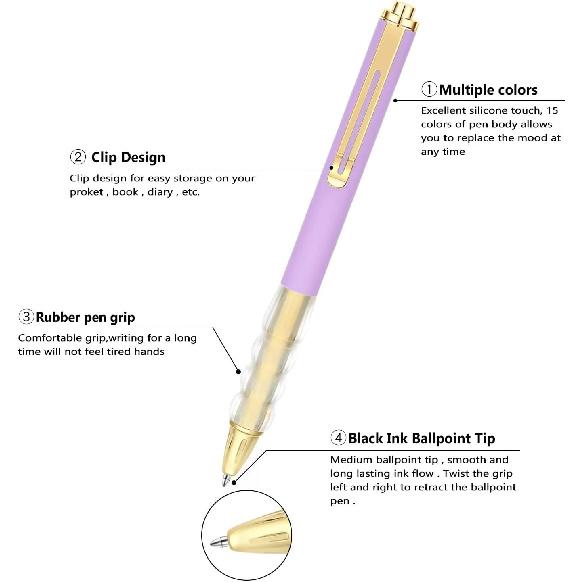 Aozora Ballpoint Pens Black Ink Medium Point with Super Soft Grip Retractable Ball Point Pen 1.0mm Office Decor School Supplies (15pcs-GOLD)
