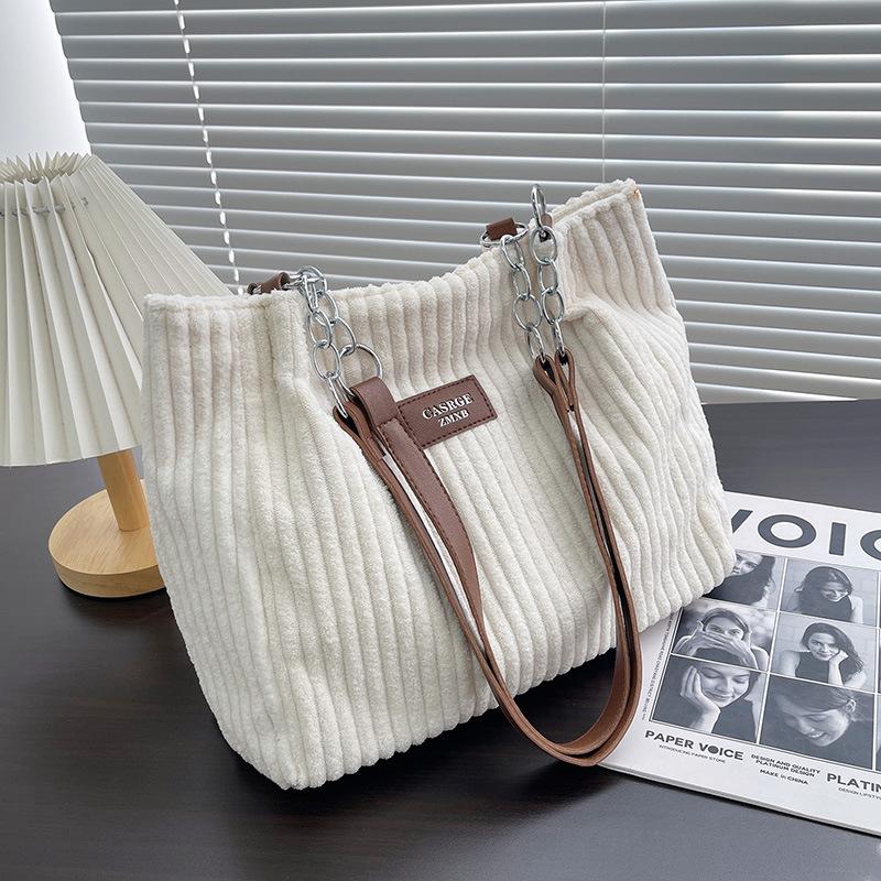 Stylish Soft Corduroy Tote Bag for Women Large Plush Shoulder Bag with Zip Large Capacity Women's Handbag