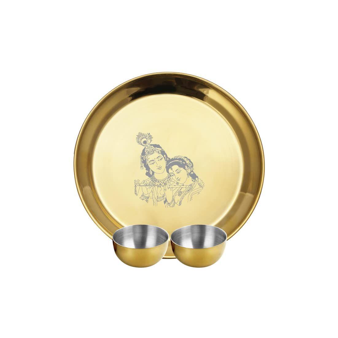 Shri & Sam Stainless Steel Pooja Thali Set with Gold PVD Coating Radha Krishana
