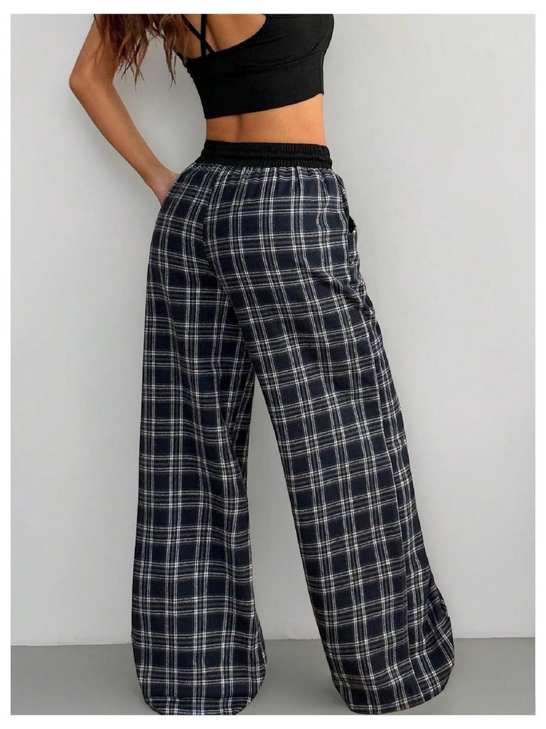 2025 Plaid Patchwork High Waist Straight-Leg Casual Pants
