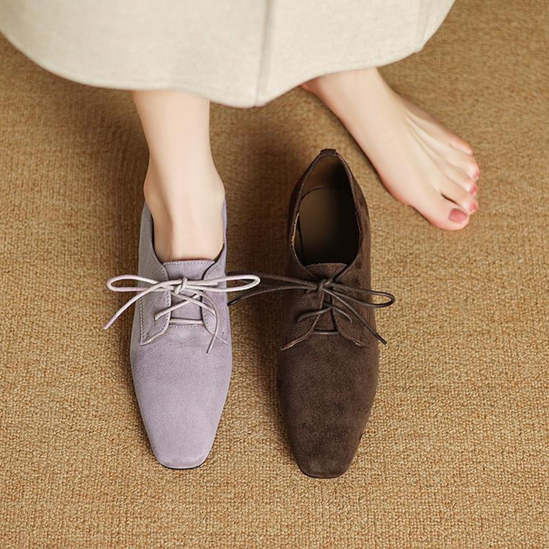Fashion NEW Spring/Autumn Women Loafers Square Toe Low Heel Shoes Sheep Suede Leather Shoes for Women Lace-up Women Pumps Concise Shoes