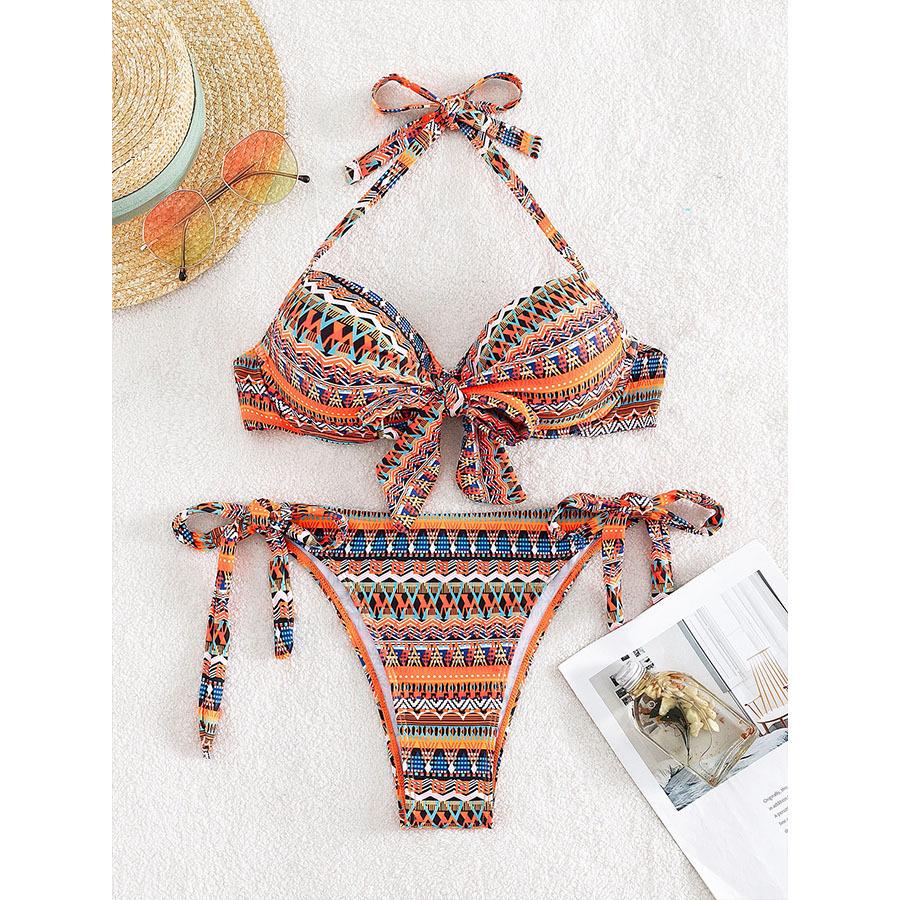 2025 European & American Split Bikini with Lace-Up Bowknot & Print Design