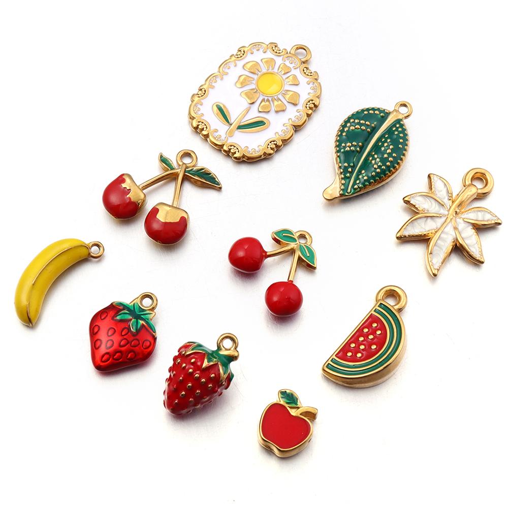 2pcs/lot Stainless Steel Enamel Charms Cute Fruit Strawberry Cherry Banana Flower Leaf Pendants For DIY Jewelry Making Necklace