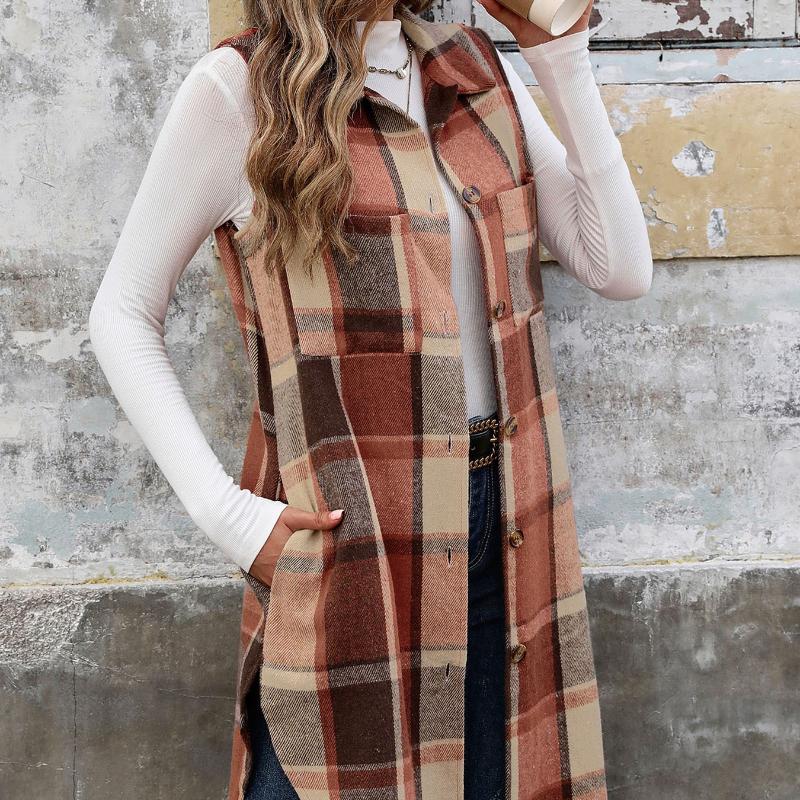 Women's Fashion Trend Vests for Autumn and Winter Contrasting Stripes Checkered Button Up Sleeveless Cardigans
