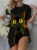 New Women'S Fun Cat Rose Print Dress. Soft And Breathable Sleepwear Suitable for All Seasons. Short-Sleeved with a Round Neck. Comfortable And Casual