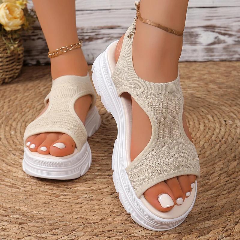 Fashion Hollow Out Knit Platform Sandals for Women 2025 Summer Fashion Breathable Sports Sandals Woman Thick Sole Non Slip Walking Shoes