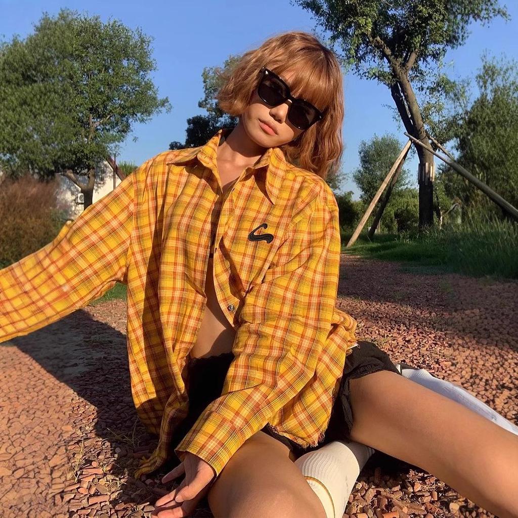 American Plaid Long-Sleeve Frayed Hem Cardigan Shirt