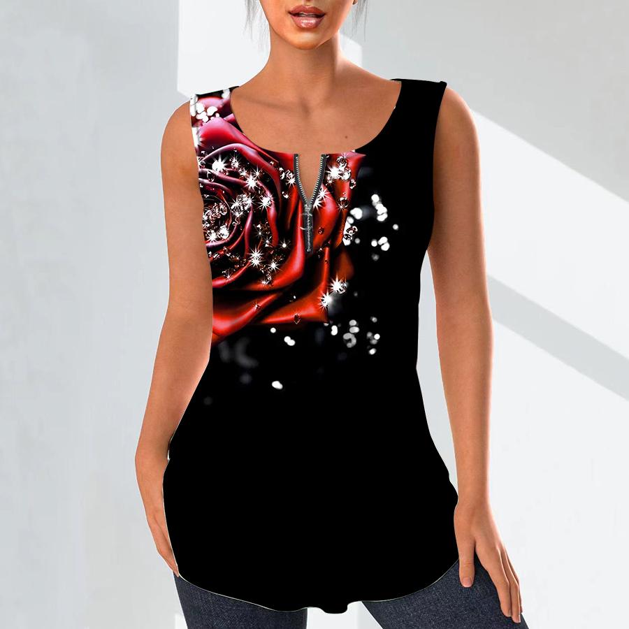 

Женские модные рубашки с v-образным вырезом, повседневные топы, футболка, женский жилет с 3D принтом бриллиантовой розы, блузка без рукавов больших размеров, топы на бретелях