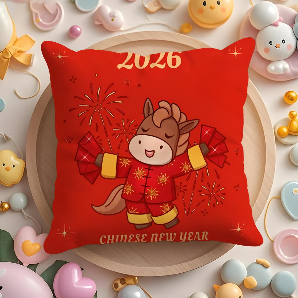 Happy Spring Festival Cushion Cover Short Plush DoubleSided Printing Home Machine Washable In Warm Winter Pillow Case