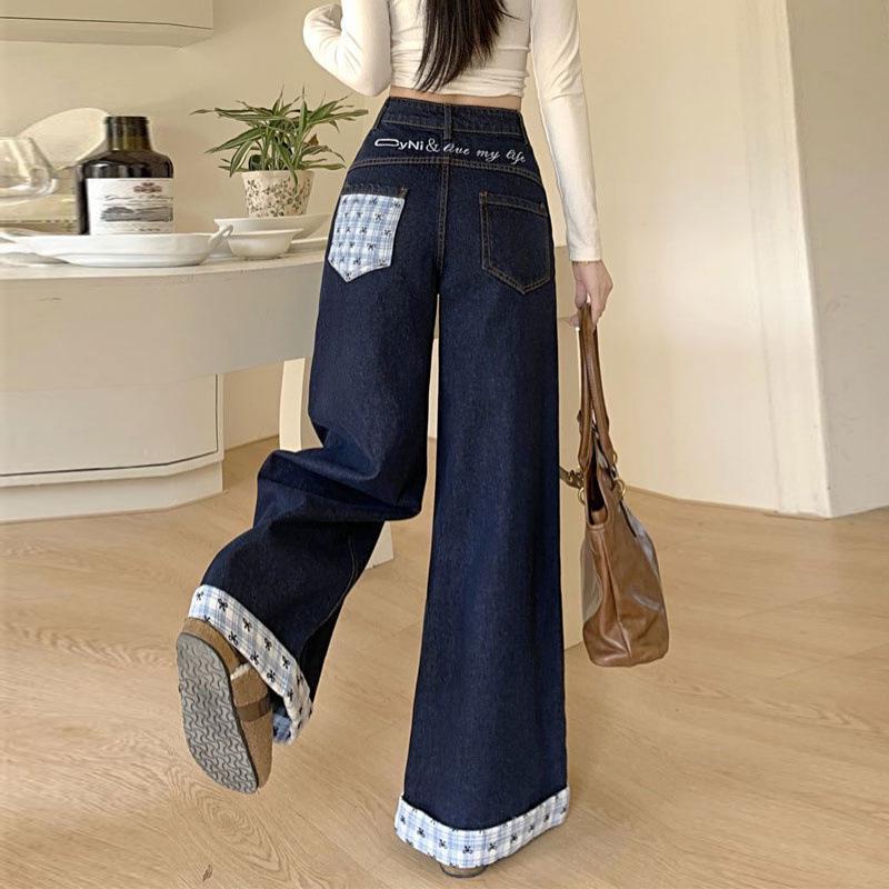 Damen Übergröße Hohe Taille Patchwork Schmetterling Bestickt Weites Bein Jeans