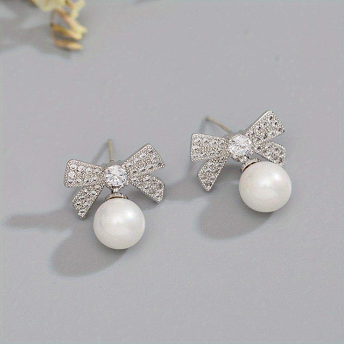 Модные Серьги Изысканные Серьги-Банты со Вставками из Циркона Милые Серьги с Жемчужным Подвесом серебряный