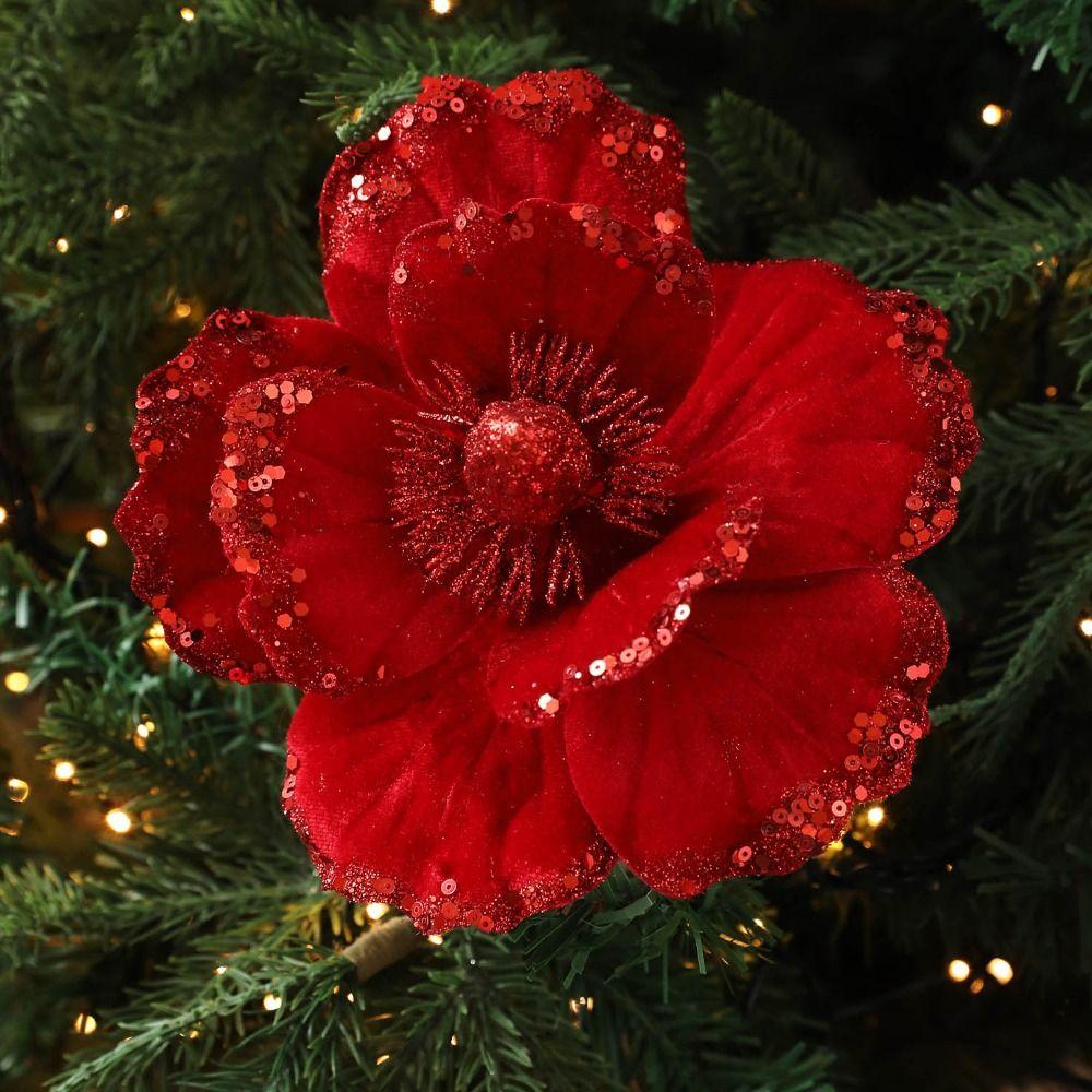 15cm Artificial Poinsettia Glitter Flower Flannel Sequin Fake Christmas Flowers Photography Props 3D Simulation Magnolia