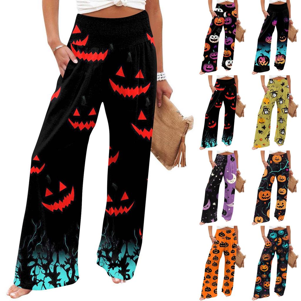 Dámské ležérní kalhoty s rovnými nohavicemi s potiskem a vysokým pasem s kapsami