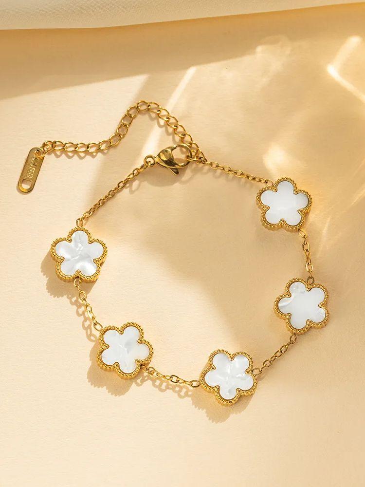 IFYOUOO Edelstahl Armband Doppelseitige Armbänder Fünfblättrige Blütenblätter Blume Vergoldtes Kleeblatt Damen Mode Schmuck