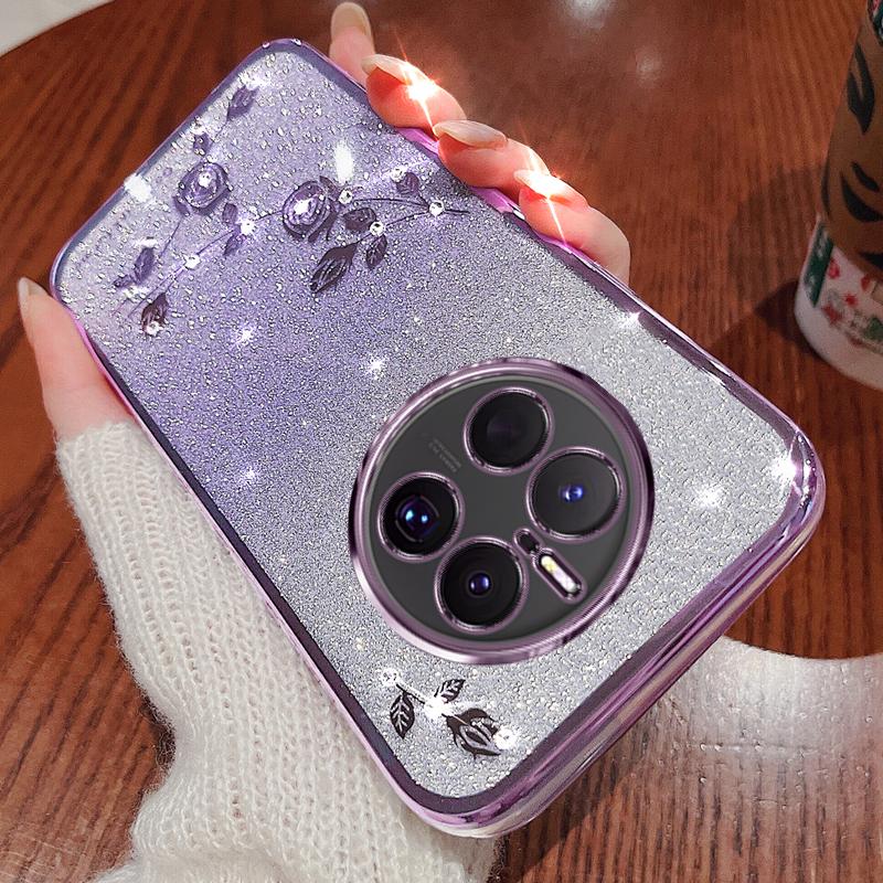 

KADEM Flower Pattern Rhinestone Decor TPU Case for Huawei Mate 50 Pro 4G,Gradient Color Glitter Powder Cell Phone Cover Purple