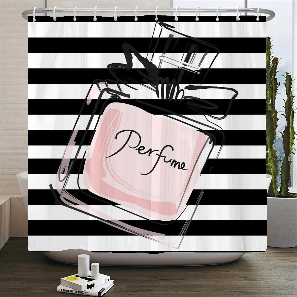 Perfume Bottle Flower Shower Curtain Set Black White Stripes Fashion Girl Woman Bathroom Decor Polyester Bath Curtains Hooks