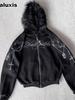 Women's Autumn and Winter Hoodie, Loose Letter Print Zip-up Sweatshirt with Detachable Fur Collar, High Street Cross-border Apparel