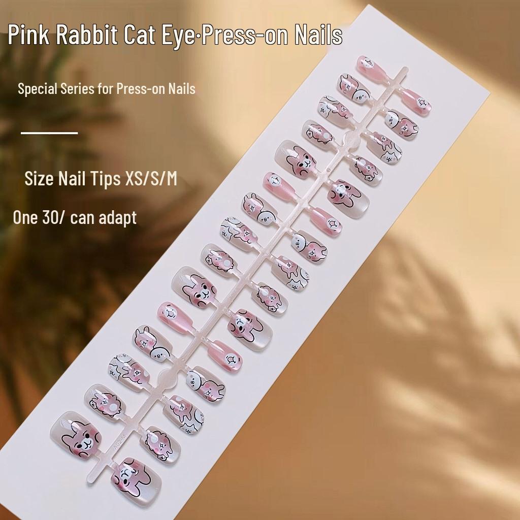 

Cartoon Pink Bunny Cat Eye Wearable Cute Childlike False Nails Set