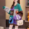 Spring Autumn Loose Casual Printing Patchwork Sweatshirt Women Round Neck Fashion All-match Pullover Top
