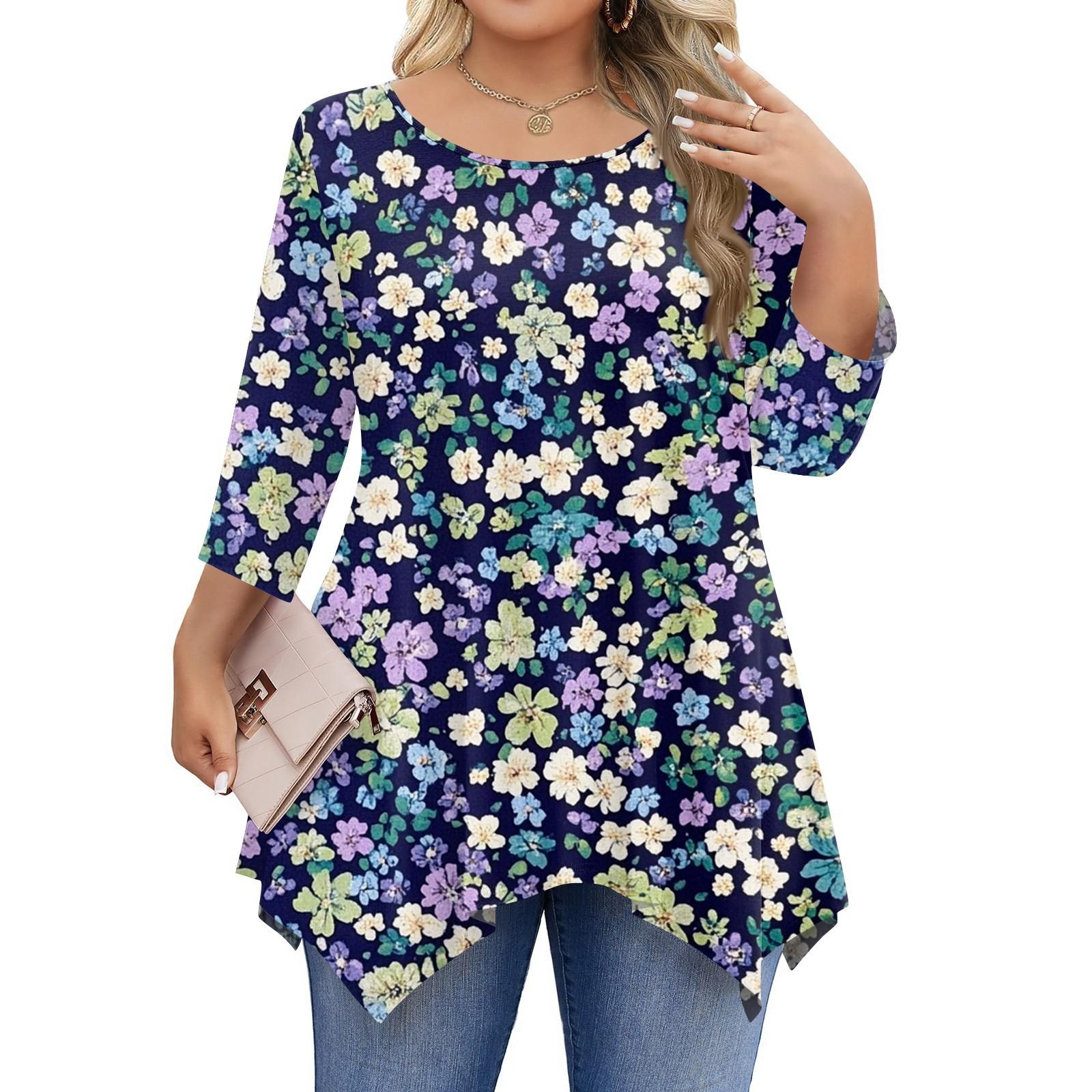 

Женские рубашки с рукавом 3/4 больших размеров, туники с круглым вырезом, базовые футболки свободного кроя, размеры L-5XL XXXXL фиолетовый