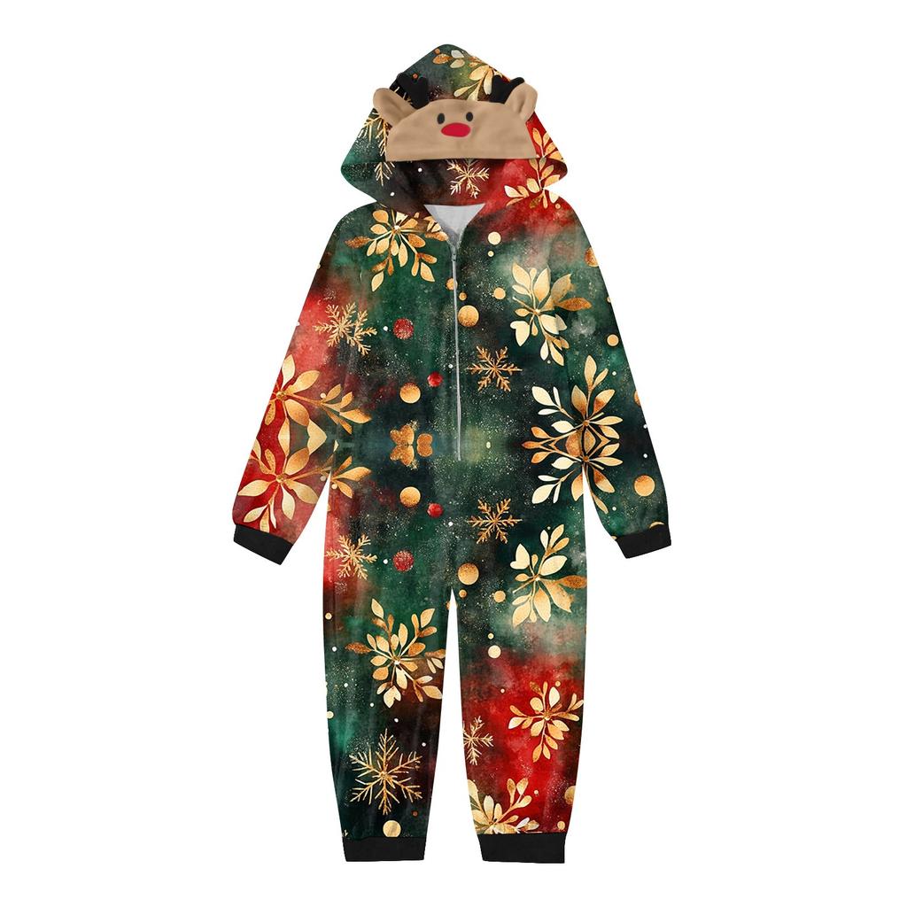 Parent Child Outfit - Christmas Print Family Matching Hooded Long Sleeved Zippered Jumpsuit Set