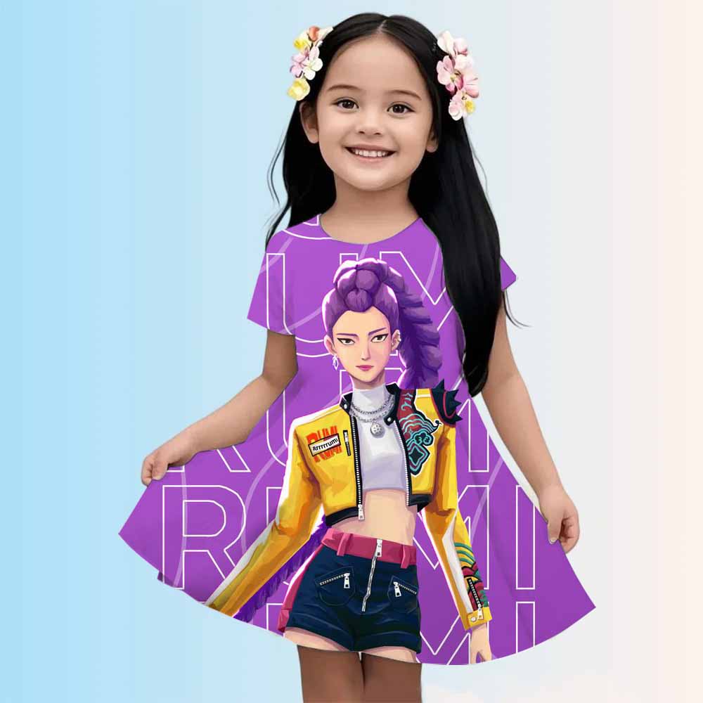 Girl Dress KPop Demon Hunters Summer 2025 Mini Short sleeved Dress Princess 3D Printed Cute Children's Clothing Party Top