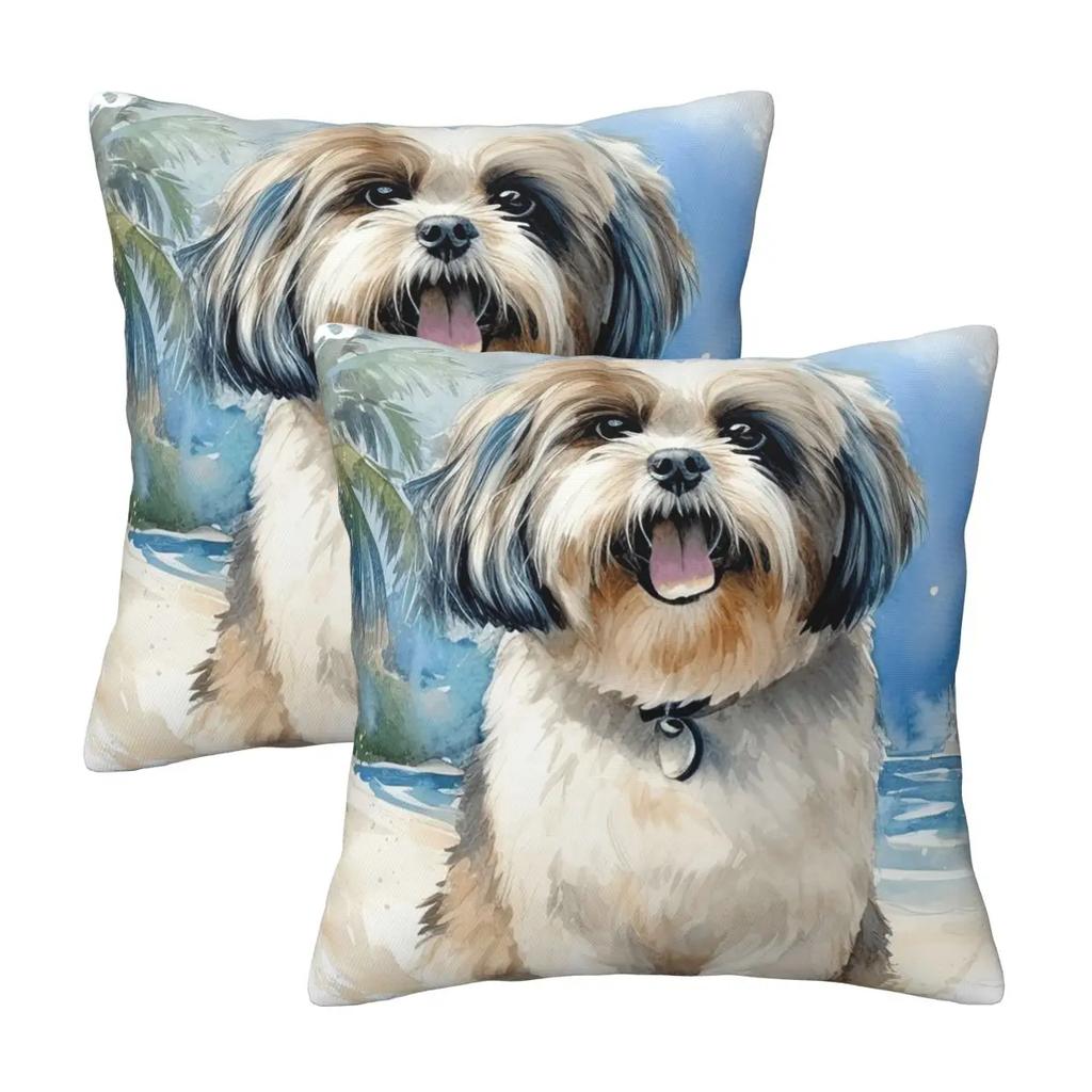 Shih Tzu On The Beach 2 Pcs Square Pillowcase Pillow Cover Cushion Zip Decorative Comfort Throw Pillow For Home Bedroom