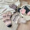 Sweet Pink and Contrasting Color Wool Mid-calf Socks, Striped Bow, Fair Island Pile Socks for Autumn and Winter